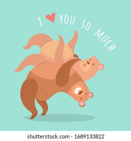 Imagen vectorial de un lindo abrazo de oso. Dibujo a mano, ilustraciones de dibujos animados plantilla de tarjetas de felicitación, tarjeta de San Valentín, Aislada en segundo plano.