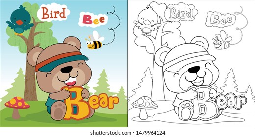 Vector illustration of cute bear hugging letters, bird on tree and bee flying. Coloring book or page