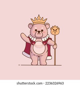 A vector illustration of cute bear king with gold crown, red robe, and king's scepter waving hand charismatic. Suitable for kids themes design, child stuff design, printable, girl themes design, etc.