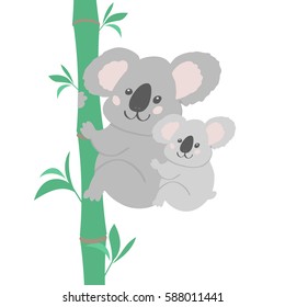 Vector illustration of cute bear koala family. Small baby sitting on his mother neck. Print for tshirt, textile, wallpapers and other.