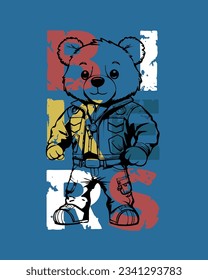 Vector illustration of cute bear line art cartoon in bikers costume