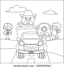 vector illustration of cute  bear and lion on a road trip truck, Creative vector Childish design for kids activity colouring book or page.