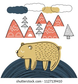 Vector illustration of a cute bear. Nice background. Cartoon-style. Scandinavian motives
