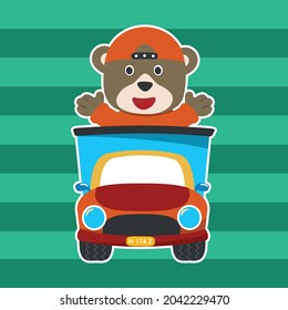 vector illustration of cute  bear on a road trip, Can be used for t-shirt print, kids wear, invitation card. fabric, textile, nursery wallpaper, poster and other decoration.