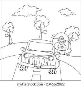 vector illustration of cute  bear on a road trip car, Creative vector Childish design for kids activity colouring book or page.