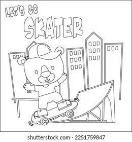 Ilustración vectorial del oso lindo en la tabla de patinaje. Ilustración vectorial aislada de dibujos animados, Diseño infantil vector creativo para la actividad infantil libro o página de coloración.