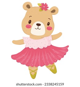 ilustración vectorial lindo oso en falda rosa y con flor en la cabeza bailando. Animales tipo caricatura para material o para impresión textil