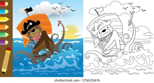 Vector illustration of cute bear in pirate costume on sailboat fighting with monster of sea, coloring book or page