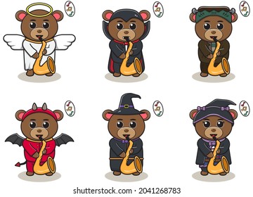 Vector illustration of cute Bear play Saxophone. Bear character vector design. Good for label, sticker, clipart.