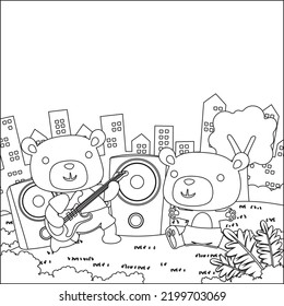 vector illustration of cute bear playing guitar. Creative vector Childish design for kids activity colouring book or page.