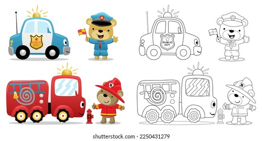 Vector illustration of cute bear in police and fireman costume with rescue vehicles. Coloring book or page