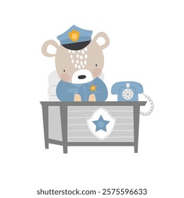 Vector illustration with a cute bear police sheriff at a table in a police station. Cute cartoon animals police officers. Professions for children. Cute emergency. Isolated on white. 