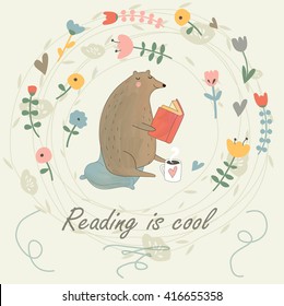 Vector illustration of a cute bear reading a book. 'Reading is cool' poster