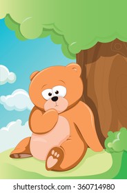 vector illustration of a cute bear relaxing under a tree