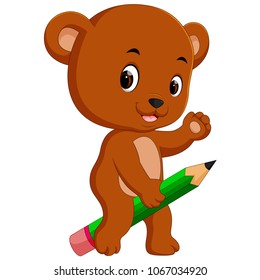 vector illustration of cute bear riding big pencil