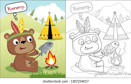 Vector illustration of cute bear roasting fish, Indian tribe element, coloring book or page