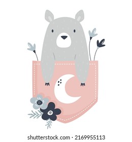 Imagen vectorial de un oso lindo sentado en un pequeño bolsillo. Animales adorables para impresiones, artes de cuadros, diseños de paredes