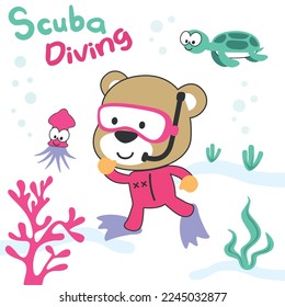 Dibujo vectorial del oso lindo en el submarinismo con máscara de buceo en el mar. Se puede usar para imprimir camisetas, fondo infantil vectorial creativo para tela textil y otra decoración