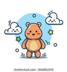 Vector illustration of a cute bear standing surrounded by clouds. Cute bear in flat cartoon style. Suitable for illustrations, web landing pages, icons, t-shirts, stickers and more.