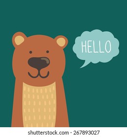 Vector illustration of cute bear and text "Hello". Childish background with smiling cartoon character.
