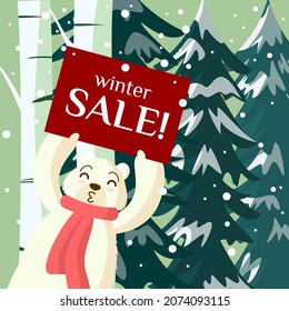 Ilustración vectorial de un oso con un cartel que dice venta de invierno. Esta ilustración vectorial es adecuada para la plantilla de publicación de medios sociales.