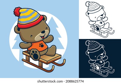 Vector illustration of cute bear wearing winter hat rides on sledge