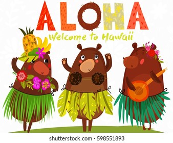 Vector illustration with cute bears and flowers. ALOHA. Hawaiian party, Hawaii. Tropical print for tee shirt, poster, postcard, invitation. Hand drawn. - stock vector