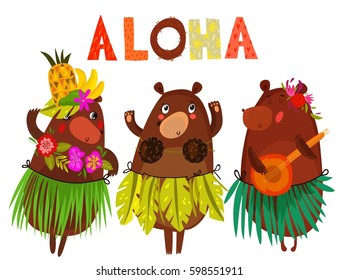Vector illustration with cute bears and flowers. ALOHA. Hawaiian party, Hawaii. Tropical print for tee shirt, poster, postcard, invitation. Hand drawn. - stock vector