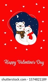Vector illustration with cute bears that cuddle. Greeting card Happy Valentines Day. Night background with moon and stars. Hearts placer