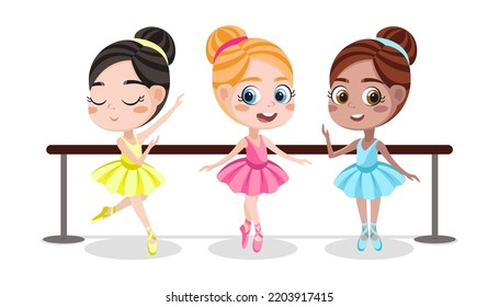 Ilustración vectorial de adorables y hermosos bailarinas y gimnastas sobre fondo blanco. Encantadores personajes fabulosos en diferentes poses paran cerca del ballet al estilo de las caricaturas.