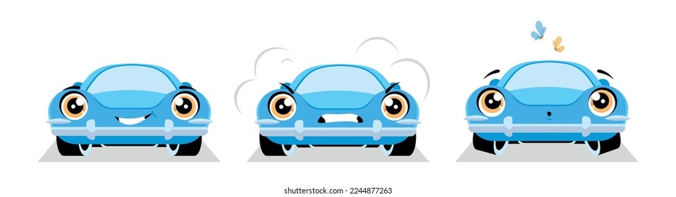 Imagen vectorial de un lindo y hermoso auto azul en estilo de caricatura. Personajes encantadores de autos graciosos con mariposas aisladas en fondo blanco.