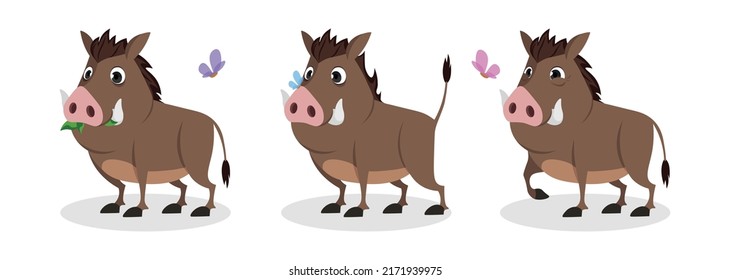 Vector illustration of cute and beautiful boars on white background. Charming characters in different poses eat leaves, get scared,walk happily in cartoon style.