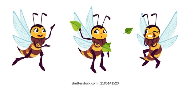 Vector illustration of a cute and beautiful bumblebee on white background. Charming characters in different poses joyful, throwing off leaves, frightened in cartoon style.