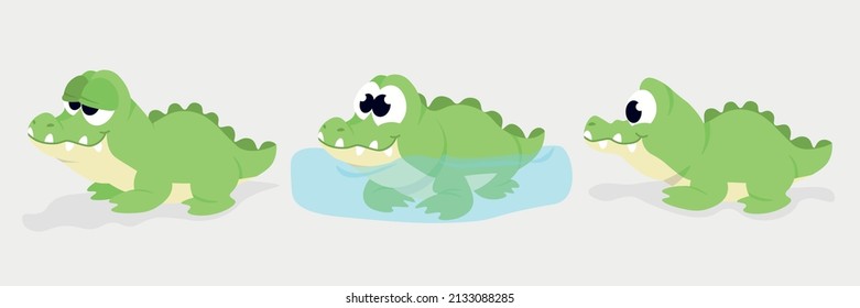 Vector illustration cute and beautiful crocodile on white background. Charming character in different poses falling asleep, in water and side view in cartoon style.