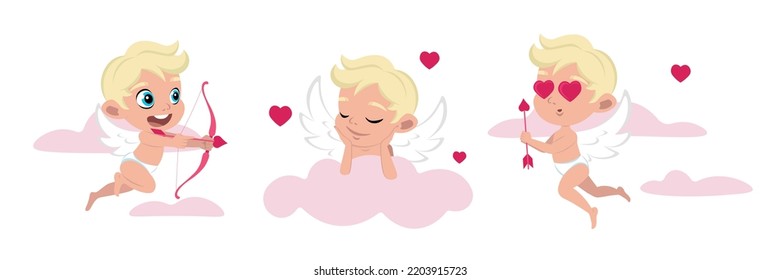 Vector illustration of cute and beautiful cupids on white background. Charming fabulous characters shoot from the bow of love, sleeping on clouds, flying with loving eyes in cartoon style.