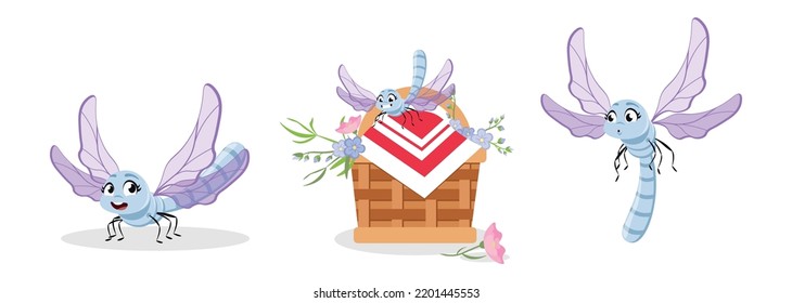 Vector illustration of a cute and beautiful dragonfly on white background. Charming characters in different poses stand, sit down on a cat with flowers, fly in cartoon style.