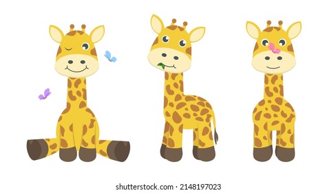 Vector illustration cute and beautiful giraffe on white background. Charming character in different poses happy sits , eats ,stands and butterflies fly around in cartoon style.