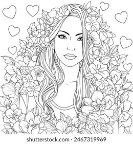 Ilustración vectorial, linda chica hermosa con flores, libro para colorear