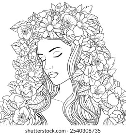 Ilustración vectorial, linda chica hermosa con flores, libro para colorear