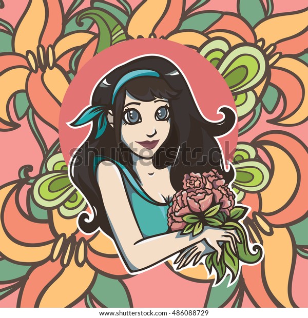 Vector Illustration Cute Beautiful Girl Flowers Stock Vector Royalty Free 486088729 Shutterstock