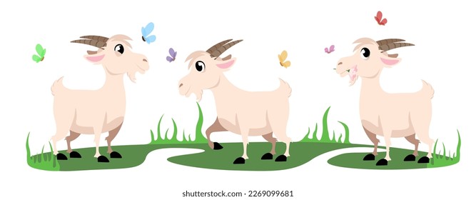 Vector illustration of cute and beautiful goats isolated on white background. Charming goat characters grazing in a meadow with butterflies in cartoon style.