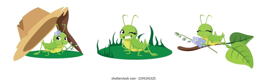 Vector illustration of cute and beautiful grasshoppers on white background. Charming characters in different poses hide under his hat, walk on the lawn, sit on a branch with flowers in cartoon style