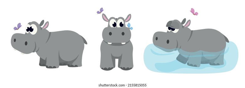 Vector illustration of cute and beautiful hippos on green background. Charming characters in different poses with side view, front view and in the water, around the butterfly in cartoon style.