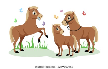 Vector illustration of cute and beautiful horses isolated on white background. Vector illustration of horse family: jumping horse, small foal, standing horse and butterflies in cartoon style.