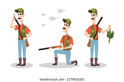 Ilustración vectorial de cazadores lindos y hermosos sobre fondo blanco. Personajes encantadores en diferentes poses agachadas y preparándose para disparar a patos con un arma, parados con presas al estilo de las caricaturas.