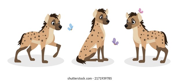 Vector illustration of cute and beautiful hyenas on white background. Charming characters in different poses walk, sit happily and stand in cartoon style.