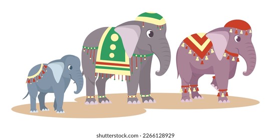 Ilustración vectorial de lindos y hermosos elefantes indios aislados de fondo blanco. Caracteres encantadores de una familia de elefantes decorados al estilo tradicional indio en un estilo de caricatura.