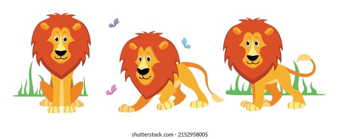 Vector illustration of cute and beautiful lions on white background. Charming characters in different poses with a front view, playing with butterflies and protecting the territory in cartoon style.