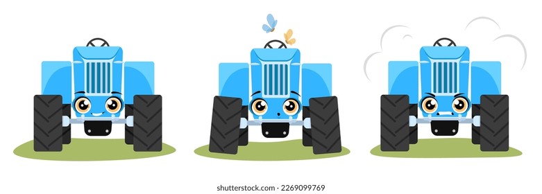 Vector illustration of cute and beautiful little tractors isolated on white background. Charming characters of blue mini garden tractors with different emotions, butterflies in cartoon style.