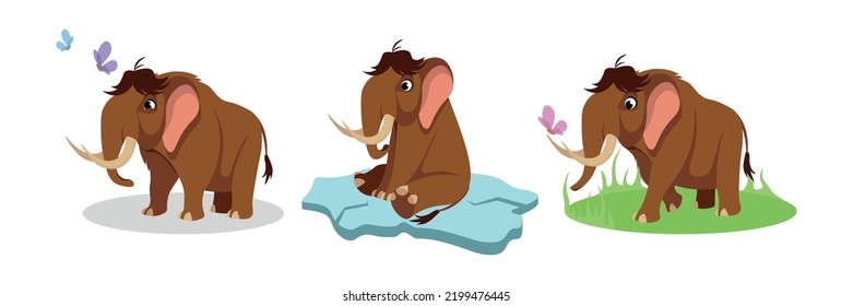 Vector illustration of cute and beautiful mammoths on white background. Charming characters in different poses stand angry, sit on ice, walk on the lawn in cartoon style.